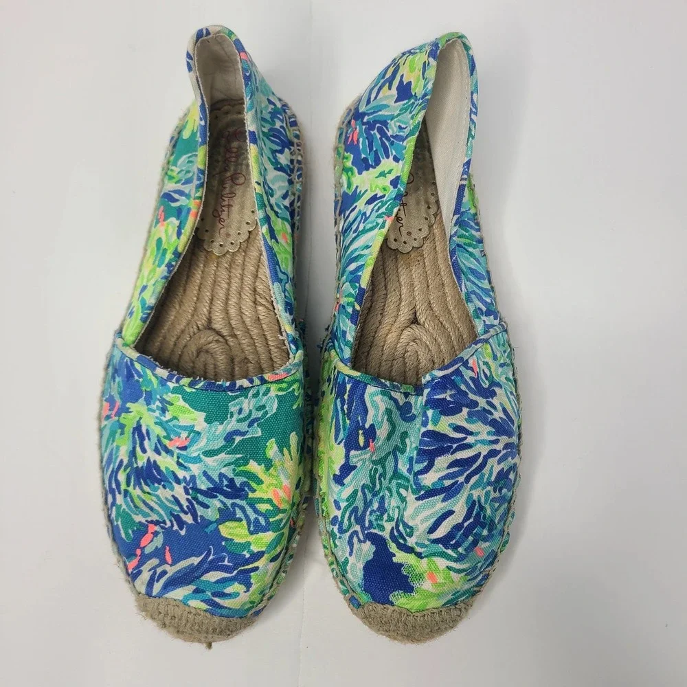 LILLY PULITZER Lia Espadrille Flats Wade and Sea Blue Green Floral Slip On Sz 9